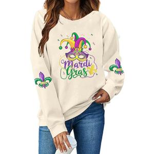 LUKYCILD Women Mardi Gras Sweatshirts Carnival Sweatshirt Funny Mask Graphic Long Sleeve Shirt Fat Tuesday Pullover Top (White, L)