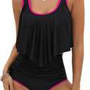 Edelqual Tankini Swimsuits for Women High Waisted Bikini Sets Plus Size Two Piece Bathing Suits Tummy Control Swimwear (X-Large, Black and Red Bars)