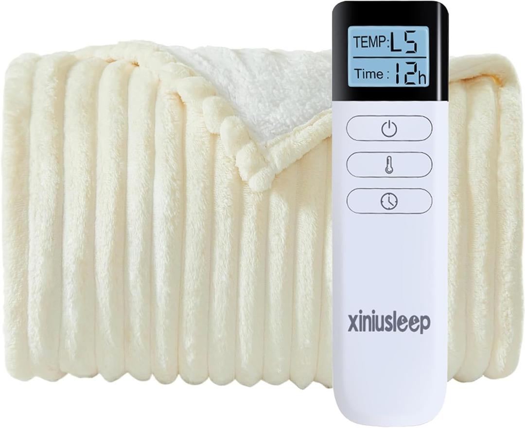 XINIUSLEEP Heated Blanket Electric Blanket 50"x60", Soft Flannel Sherpa Electric Throw with 5 Heating Level & 1-12 Hour Auto Off, Heated Throw with Overheating Protection, Machine Washable (Beige)