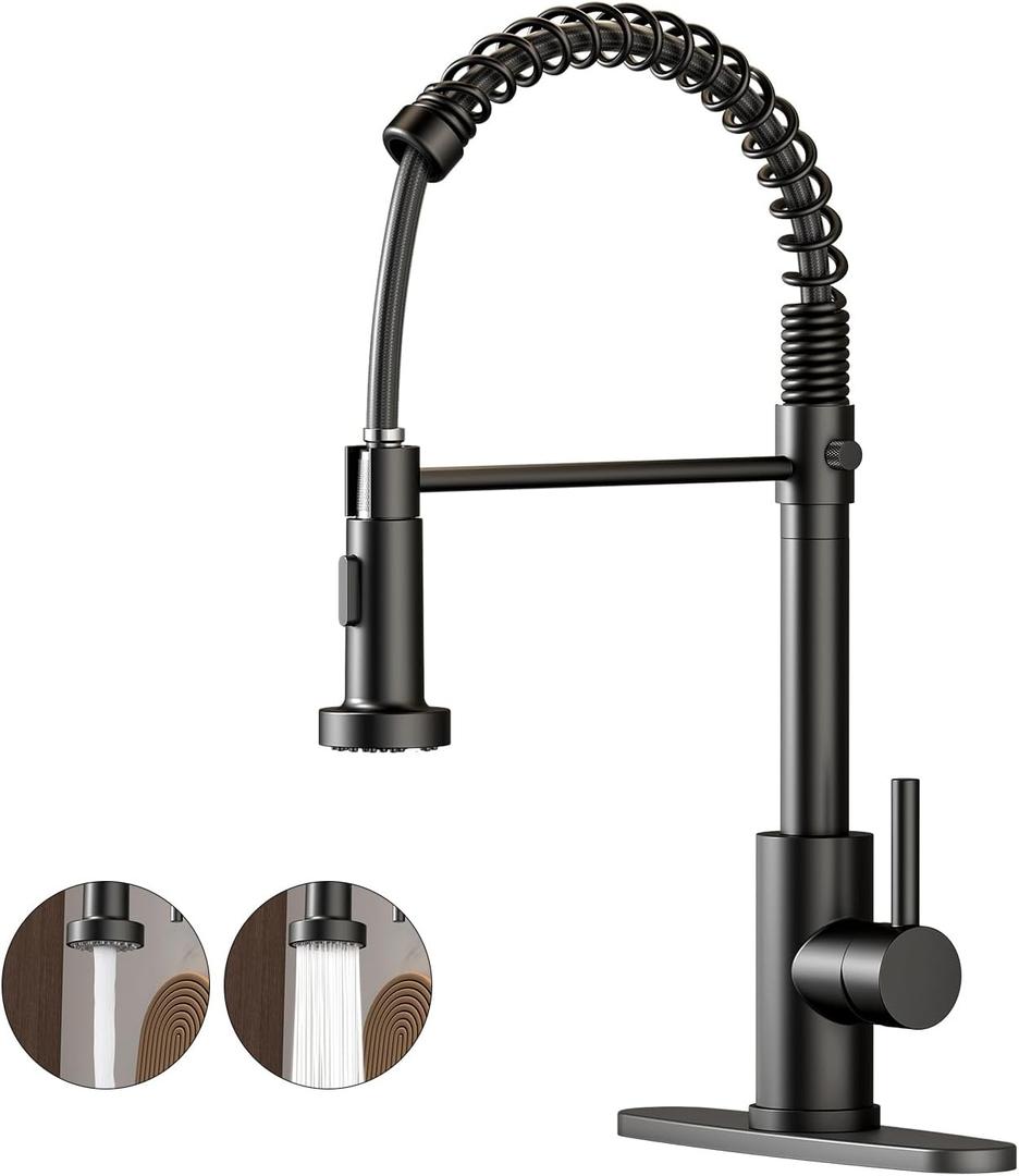 Kitchen Faucet with Pull Down Sprayer, Stainless Steel Single Handle Pull Out Spring Loaded Sink Faucet, 1 Hole or 3 Hole, Dual Function for RV Farmhouse Camper(Black)