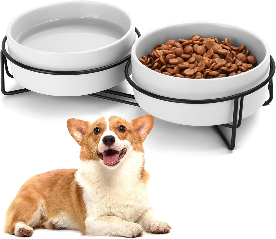 Ceramic Dog and Cat Bowl Set with Stand, 1.7 Cups Dog Food and Water Bowl Suitable for Small and Medium Pets (13.5oz White)
