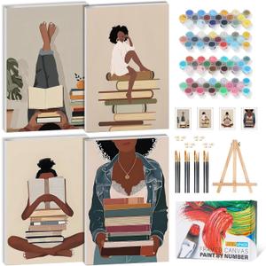 GEEHEIY 4 Pack Framed Paint by Numbers Kit for Adults Beginner with Wooden Easel, Black Woman Easy Adult Paint by Number Kits on Canvas Framed, Book DIY Paint by Numbers with Frame Canvas 8 x 12 inch