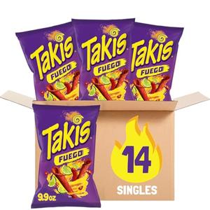 Takis Fuego Rolled Spicy Tortilla Chips, Hot Chili Pepper Lime Flavored, Multipack Box 14 Bags, 9.9 Ounces Each Best Before Feb 23 2026