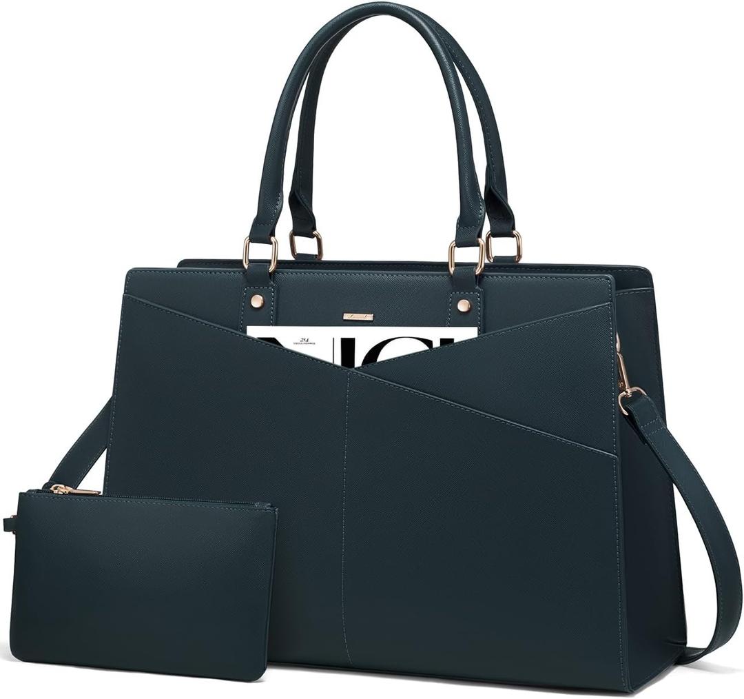 LOVEVOOK Laptop Tote Bag for Women, Leather Business Office Work Bag Computer Briefcase with Small Clutch fit for 15.6 Inch Laptop Green