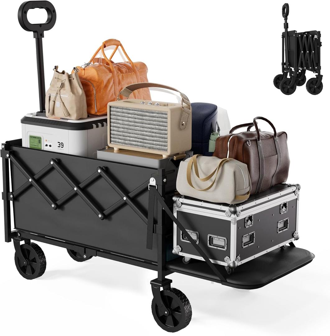 Geisoun Collapsible Wagon with Wheels & Tailgate, 350LBS Wagons Carts Foldable Heavy Duty, Lightweight Portable Folding Utility Wagon Grocery Shopping Cart for Garden, Camping, Beach (Black) (Medium)