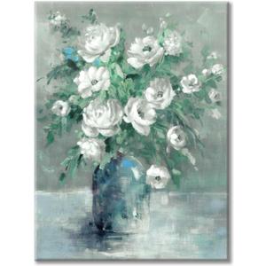 UTOP-art Floral Canvas Wall Art Painting White Rose Flower Green Leaves Hand Painted Texture Picture Artwork For Bedroom Plant Wall Decor Bathroom Walls Office(18'' x 24'' x 1 Panel)