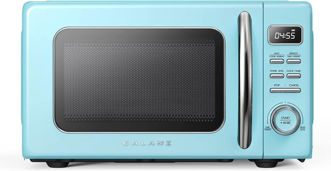 Galanz GLCMKZ07BER07 Retro Countertop Microwave Oven with Auto Cook & Reheat, Defrost, Quick Start Functions, Easy Clean with Glass Turntable, Pull Handle.7 cu ft, Blue