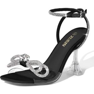 ZURIN Women's Rhinestone Bow Heels Square Toe Clear Heeled Sandals Slingback High Heels Dress Party Evening Prom Crystal Shoes (11)