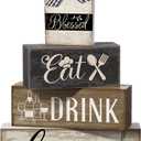 Moucuny 4 Pcs Farmhouse Kitchen Decor Wooden Plate Farmhouse Table Decor Black Brown and White Plate Tableware Centerpiece Rustic Decorative Plates Block Sign for Display Cabinet Kitchen Decoration