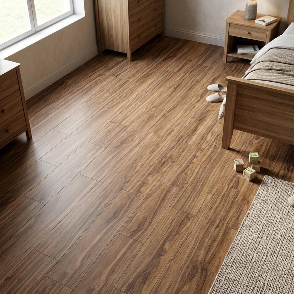 Peel and Stick Floor Tile Vinyl Wood Plank 36-Pack 54 Sq.Ft, Brown Stone, Rigid Surface Hard Core Easy DIY Self-Adhesive Flooring (Wood, 36 Pack)