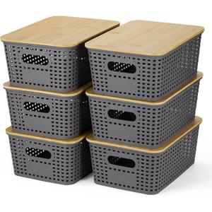 Plastic Storage Baskets With Bamboo Lid - Plastic Storage Containers Stackable Storage bins: Storage Baskets for Organizing Shelves Drawers Desktop Closet Playroom Classroom Office, 6 Pack, Gray