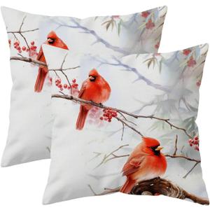 Christmas Cardinal Pillow Covers 18x18 Set of 2, Watercolor Red Bird on Branch Winter Decor Throw Pillowcases Double Sided Printing Cushion Covers for Couch Bed Holiday Farmhouse