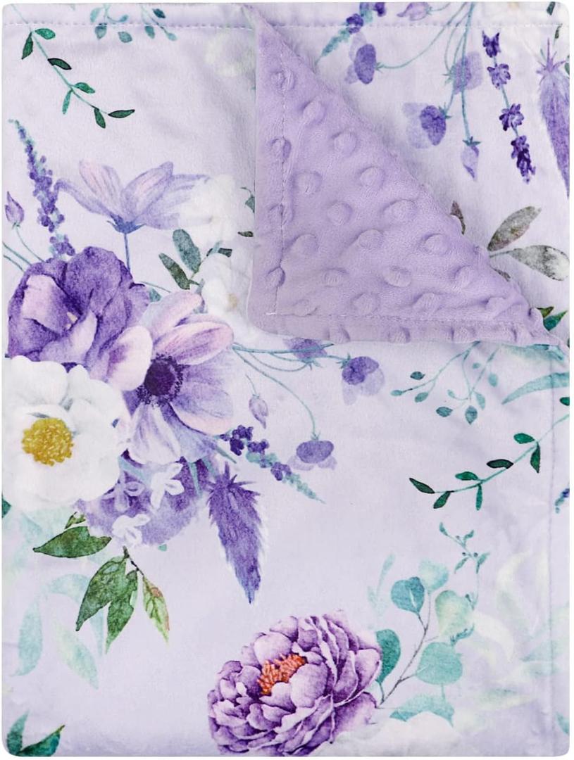 Baby Blankets for Girls Boys Soft Plush Minky Blanket 30x40 Inches with Double Layer Dotted Backing for Toddler Newborn, Purple Crib Blanket for Nursery, Baby Car Seat, Pet, Floral