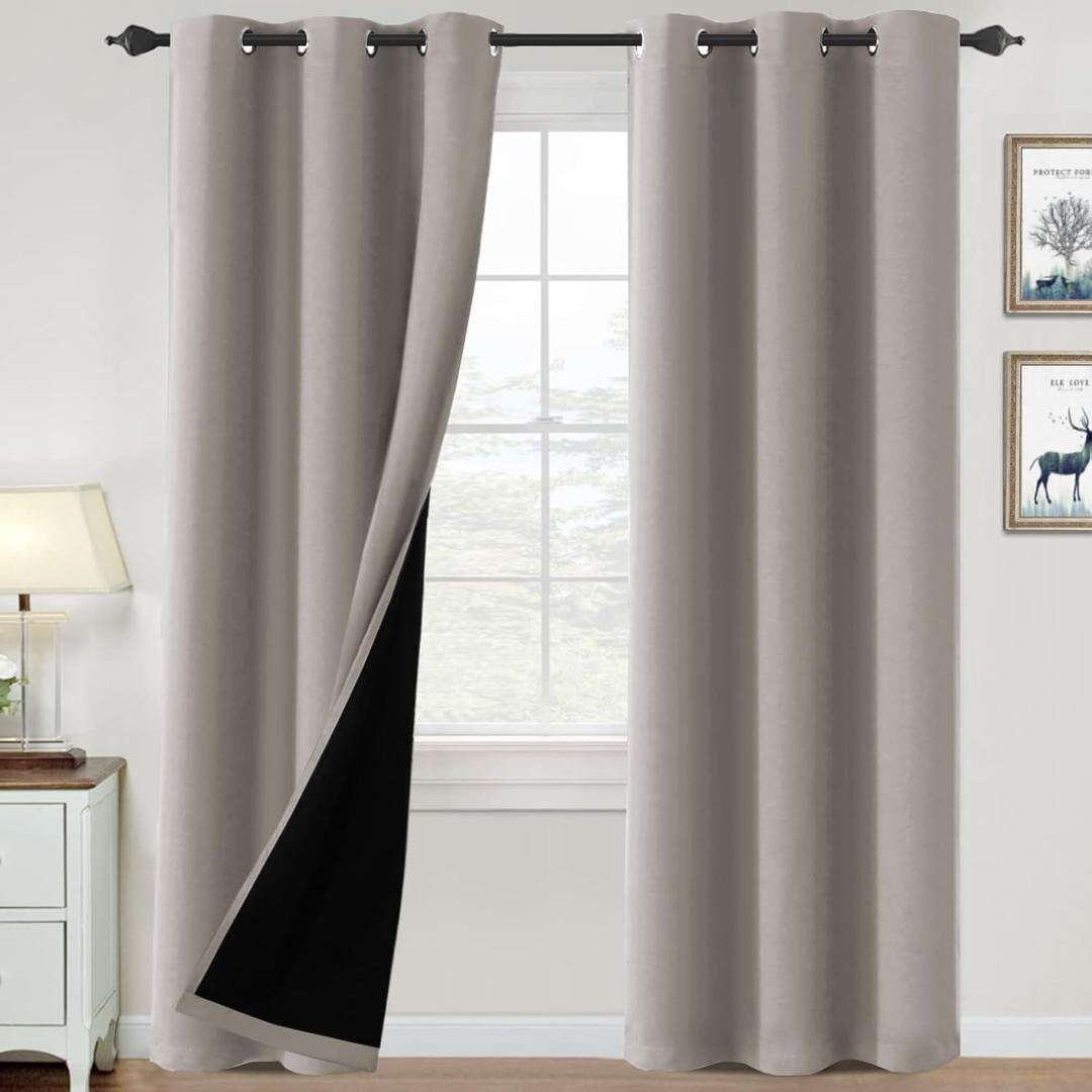 H.VERSAILTEX 100% Blackout Curtains for Bedroom Thermal Insulated Blackout Curtains 84 inch Length Heat and Full Light Blocking Curtains for Living Room with Black Liner 2 Panels Set, Warm Taupe