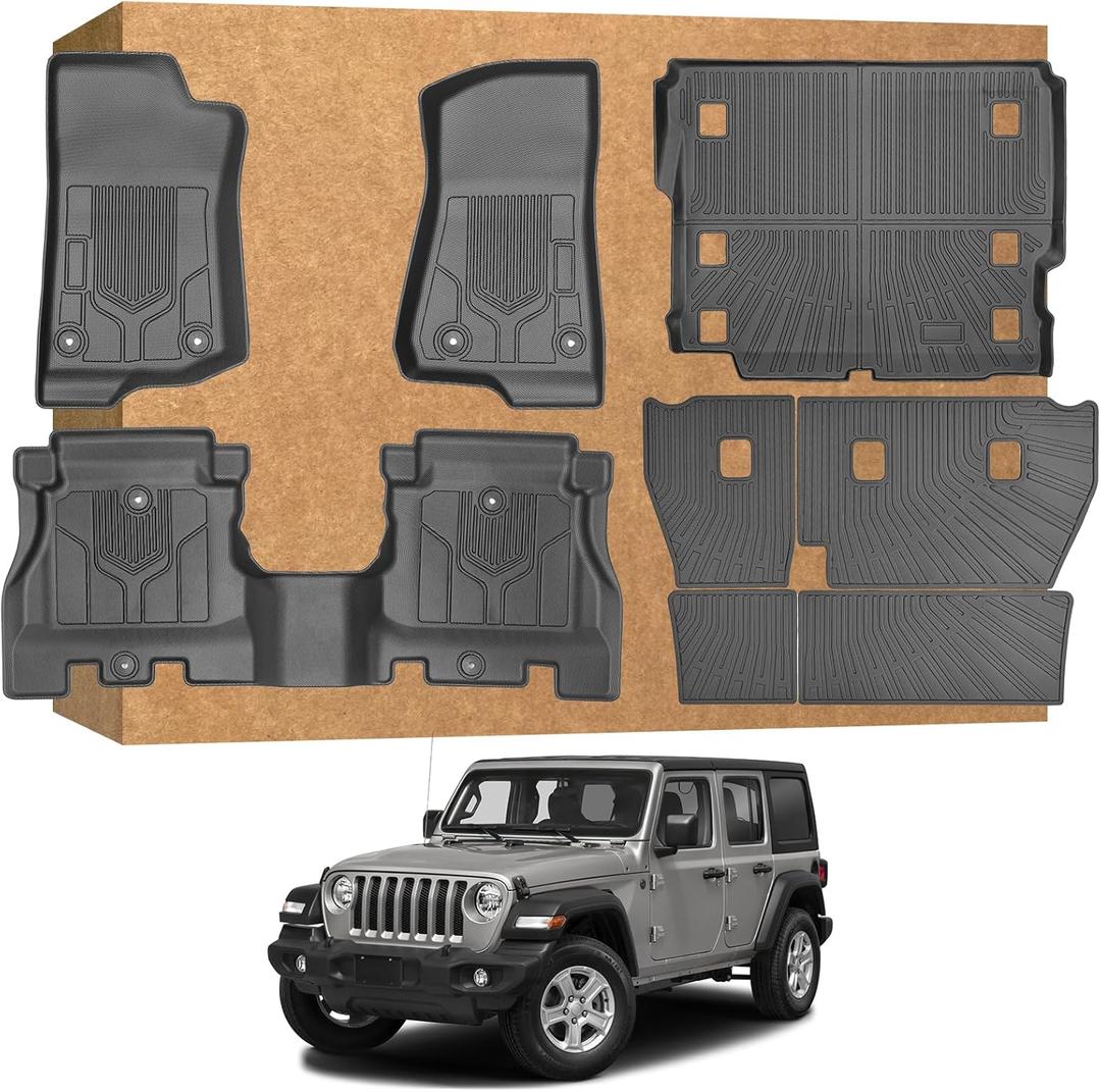 Floor Mats for Jeep Wrangler JL 4-Door 20182024 2025 (Not for JK, 4xe, 2-Door, or Models with Subwoofer), TPE All Weather Waterproof Non-Slip Custom Fit (Floor Mats + Cargo Liner + Backrest Mats)