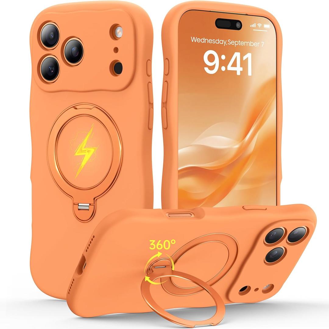 360 Spin Silicone Stand (Pro-Version) for iPhone 17 Pro Max Case: Cute Wavy [Full Camera Protection] (Fit for MagSafe) Shockproof Women Girl Phone Case for iPhone 17 Pro Max 6.9", Cosmic Orange