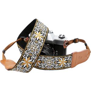 Padwa Lifestyle Yellow Floral Camera Strap - 2" Cowhide Head Camera Straps for Photographers,Vintage Jacquard Embroidery Woven Cotton Adjustable Shoulder Neck Straps for All DSLR Cameras