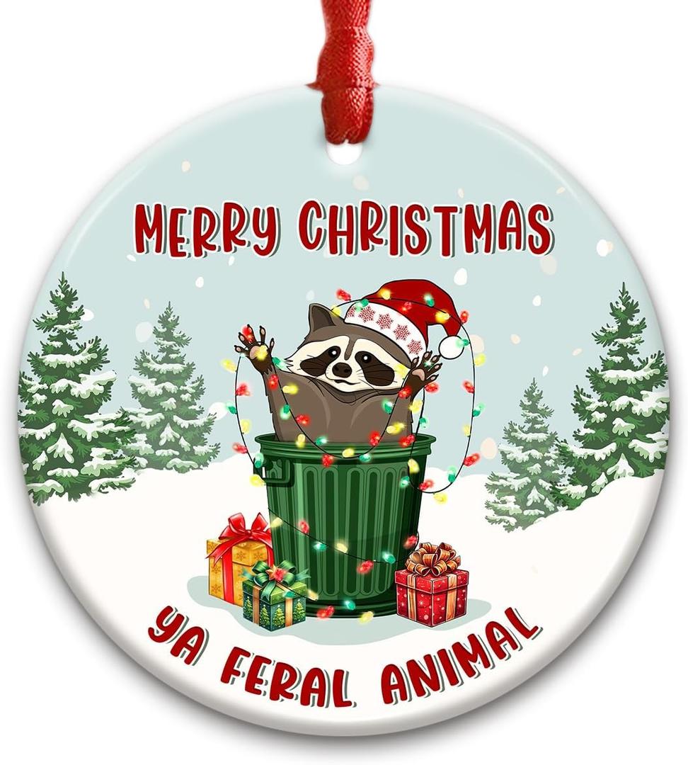 2 x Funny Raccoon Christmas Ornament 2025 - Cute Ceramic Animal Decoration, for Neighbors, Friends & Family who Loves Raccoons - Adorable Trash Panda for Christmas Tree