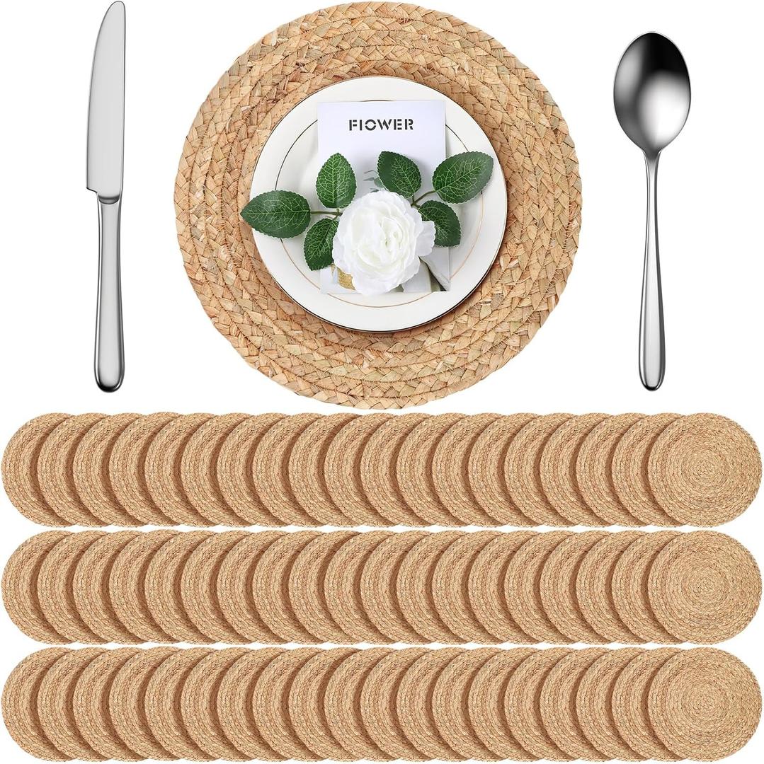 FoldTier 60 Pcs Round Placemats Bulk Plate Chargers Set 11.8 Inch Woven Placemat Rustic Braided Straw Rattan Charger Natural Water Hyacinth Place Mat for Wedding Party Table Single Tableware Use