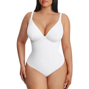 FeelinGirl Shapewear Bodysuits for Women Tummy Control Body Suits Deep V Neck Thong Body Shaper (White, M)