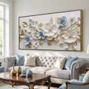 Blue Gold Floral Wall Art 57X28in Elegant Flower Canvas Print with Wood Tone Frame, Modern Gold Leaf Floral Framed Wall Decor for Living Room Bedroom Office, 58"L x 28"W
