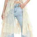 Women Boho Lace Flowy Top Spaghetti Strap Sheer See Through Long Cami High Low Ruffle Layering Crop Tops (Small, Bohemian Beige)