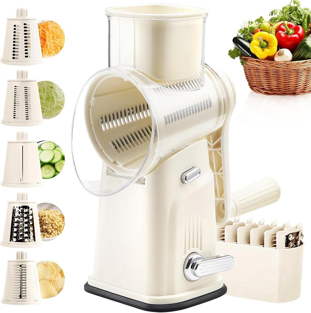 Rotary Cheese Grater with Handle, Vegetable Shredder with 5 Replaceable Blades & Strong Suction Base, Round Food Slicer & Chopper for Kitchen Fruit Vegetables Nuts with Blade Storage Box (Beige)