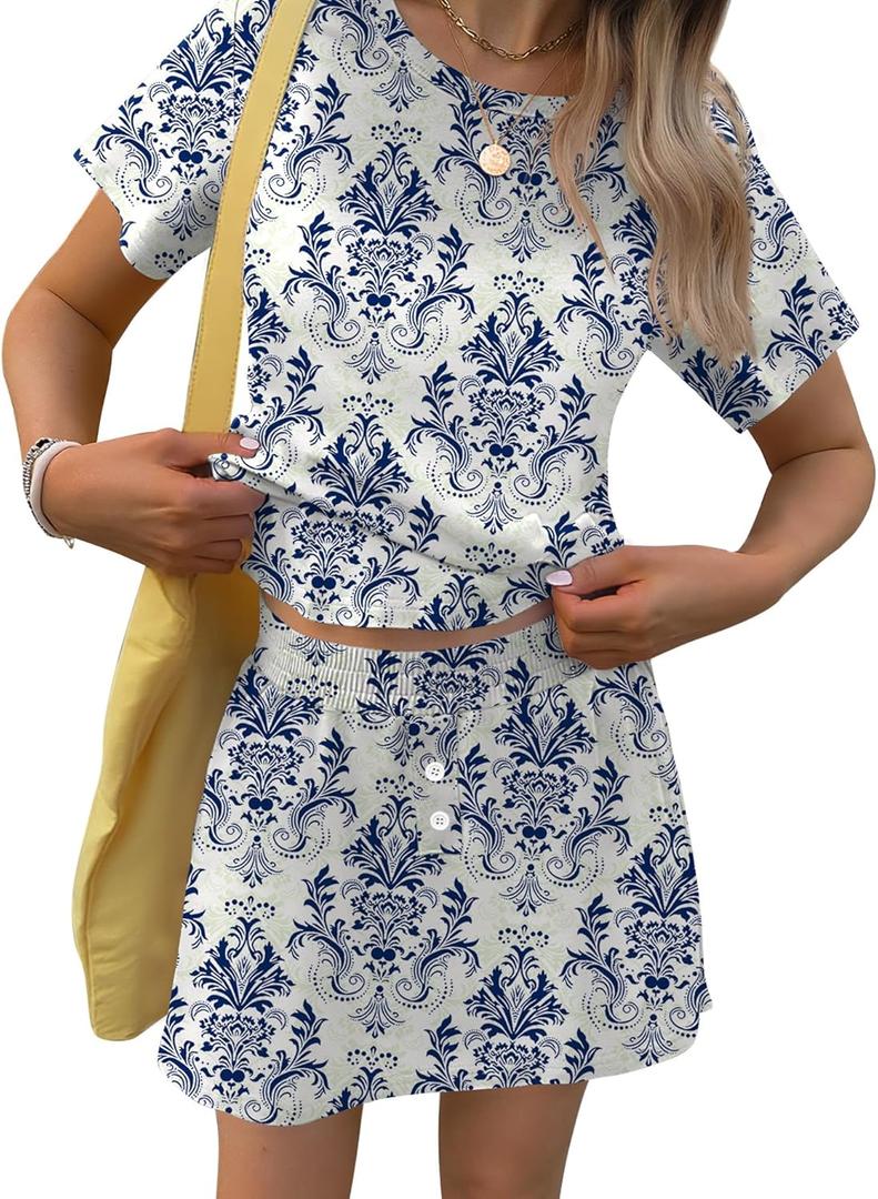 TCOT Pajamas for Women Set Summer Fashion Short Sleeve Crewneck Tops with Skirt Sets Pajama Casual Loungewear (L)