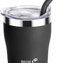 Kids Tumbler with Straw 9 oz Stainless Steel Double Wall Vacuum Insulated Cup with Leakproof Lid, Metal Travel Mug with Silicone Pad, BPA and Sweat-Free(Black) (1 Pack)