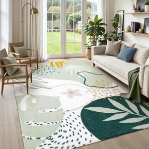 Lahome Green Machine Washable Large Rug - 8 x 10 Area Rugs for Living Room Non-Slip Lightweight Throw Boho Rugs, Soft Botanical Print Indoor Floor Carpet for Bedroom Office Dining Room Classroom