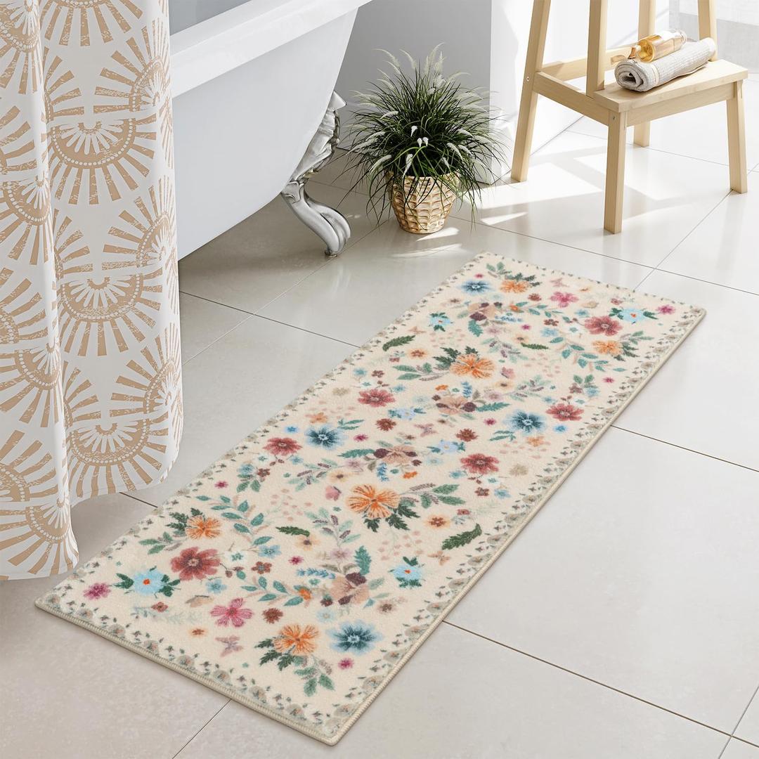 Uphome Bathroom Runner Rug, Boho Beige Long Bath Mat, Modern Plush Soft Machine Washable Bath Rug, Non-Slip Farmhouse Botanical Floor Carpet for Entryway Bathroom Bedroom, 18x47 inch