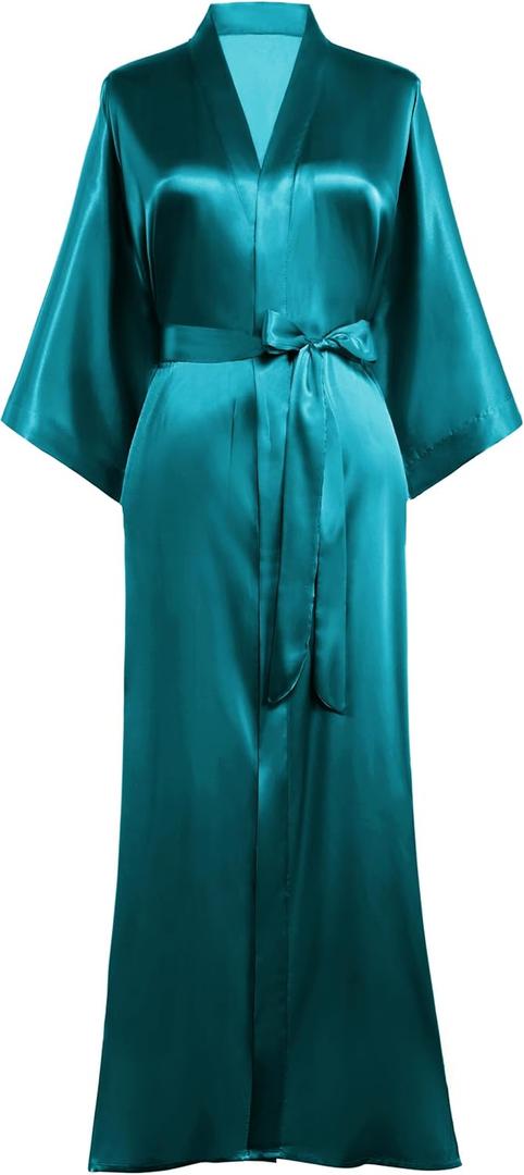 PRODESIGN Satin Kimono Robe Women Long Silky Kimono Bathrobe Sleepwear Wedding Bridesmaid Robe (One Size Plus, Peacock Blue)
