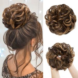 CJL HAIR Large Messy Bun Hair Piece Wavy Curly Scrunchies Synthetic Chignon Ponytail Hair Extensions Thick Updo Hairpieces for Women Dark Brown/Golden Blonde