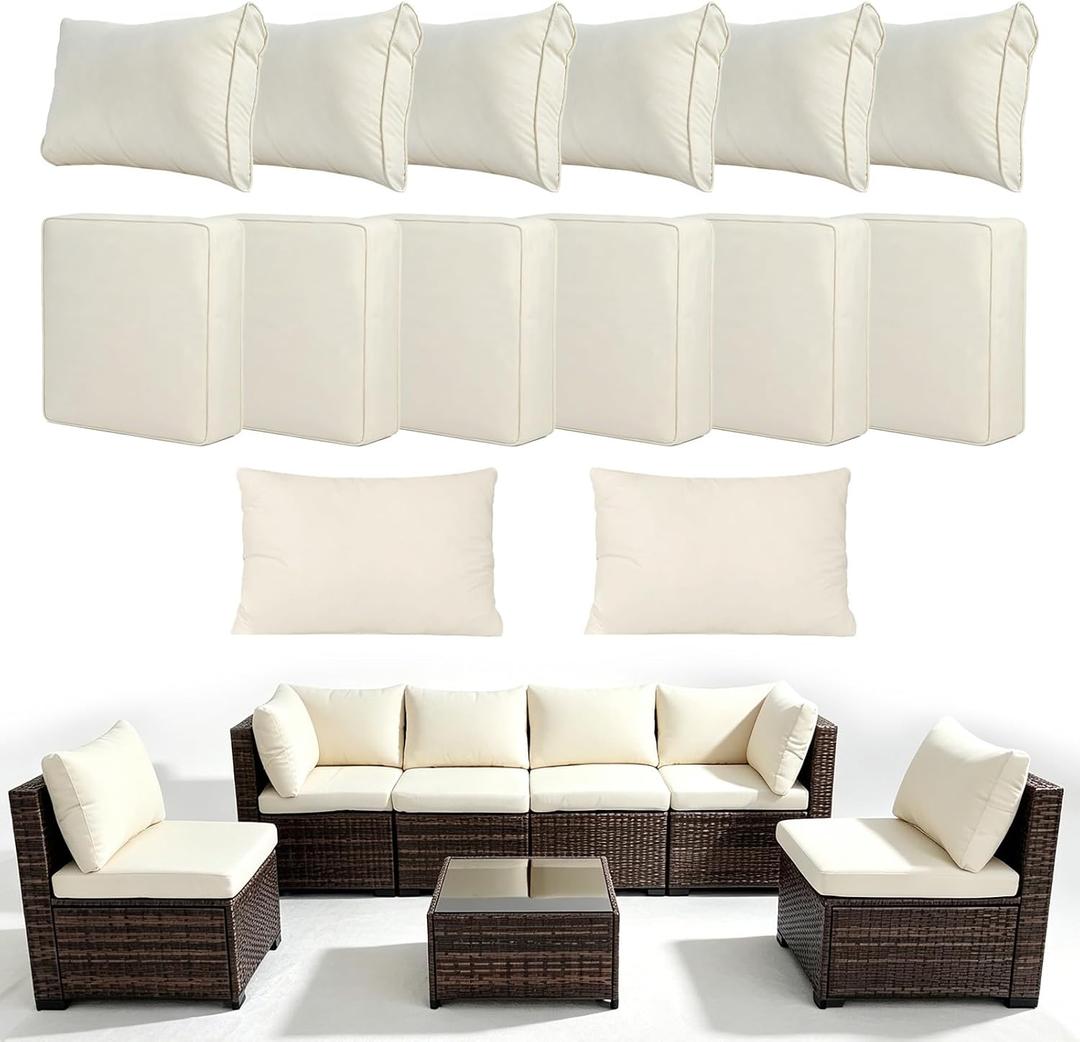 Loungewave 14Pcs Outdoor Cushion Covers, Patio Cushion Covers Replacement for Patio Furniture Sofa Couch, Soft Flexibility Washable Reusable Furniture Protector (Beige,Cover Only)