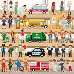 Blosssound 35 Pcs Wooden Community Helpers Toys Wooden Cars Set Little Wood People Figures Multicultural Career Wood Blocks for Preschool Classroom Diversity Play Games Educational Activity Supplies
