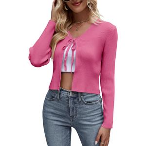 Womens Tie Front Cardigan Long Sleeve Rib Knit Shrug for Dress Sweaters Crop Tops (Small, Rose)