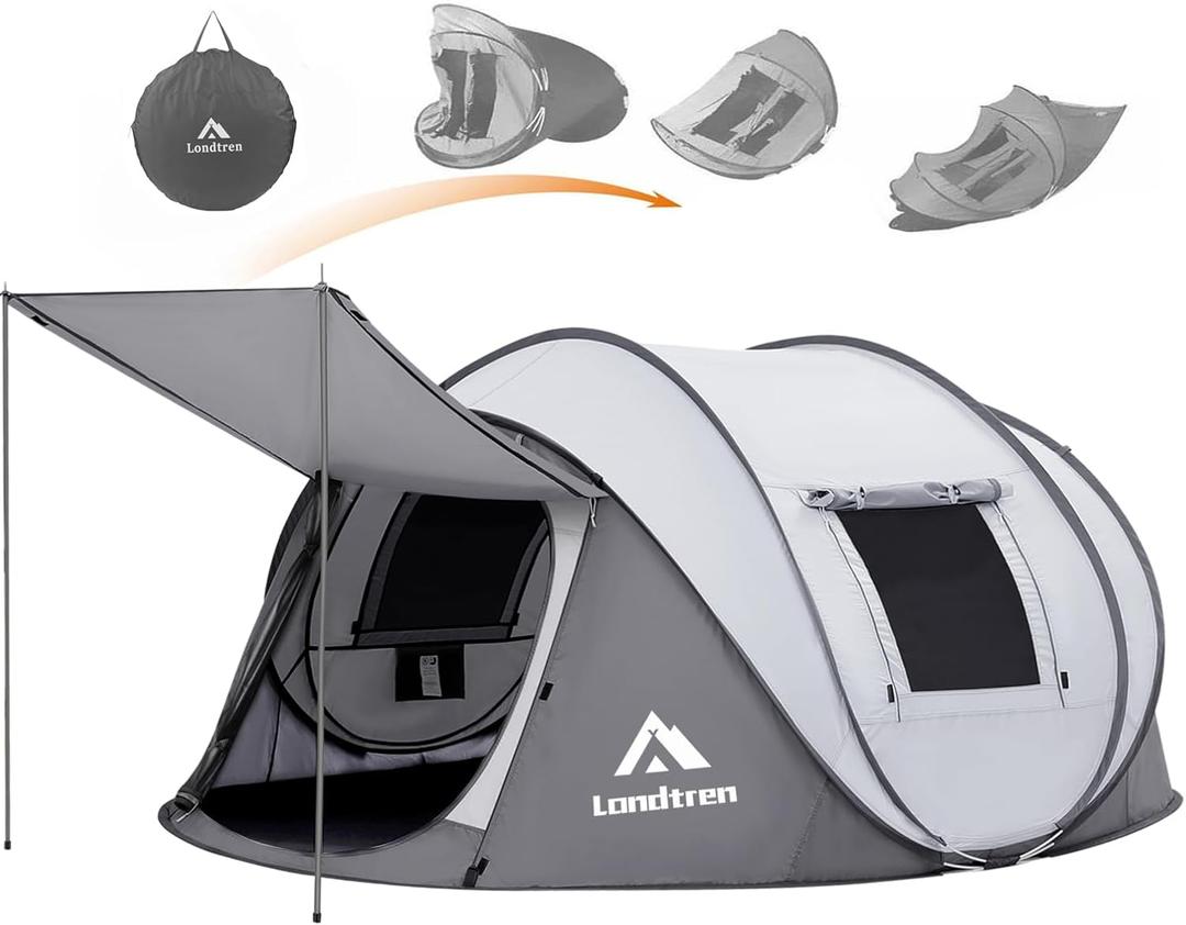 4 Person Easy Pop Up Tent Waterproof Automatic Setup 2 Doors-Instant Family Tents for Camping Hiking & Traveling (110*78*51'', White & Grey)