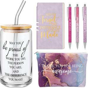 6 Pcs Valentines Employee Appreciation Gifts Set for Women Coworkers Thank You Gifts, Difference Maker 17 oz Glass Cup, Inspirational Makeup Bag Journal for Galantines Friends Staff(Purple)