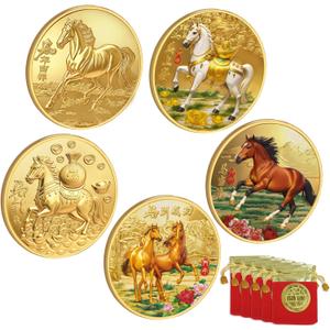 5 Pack Horse Commerative Coin with Chinese Fu Bags 2026 Chinese New Year of Horse Decoration Chinese Lucky Coin Metal Chinese Coins for Wealth and Success New Year Present Gifts