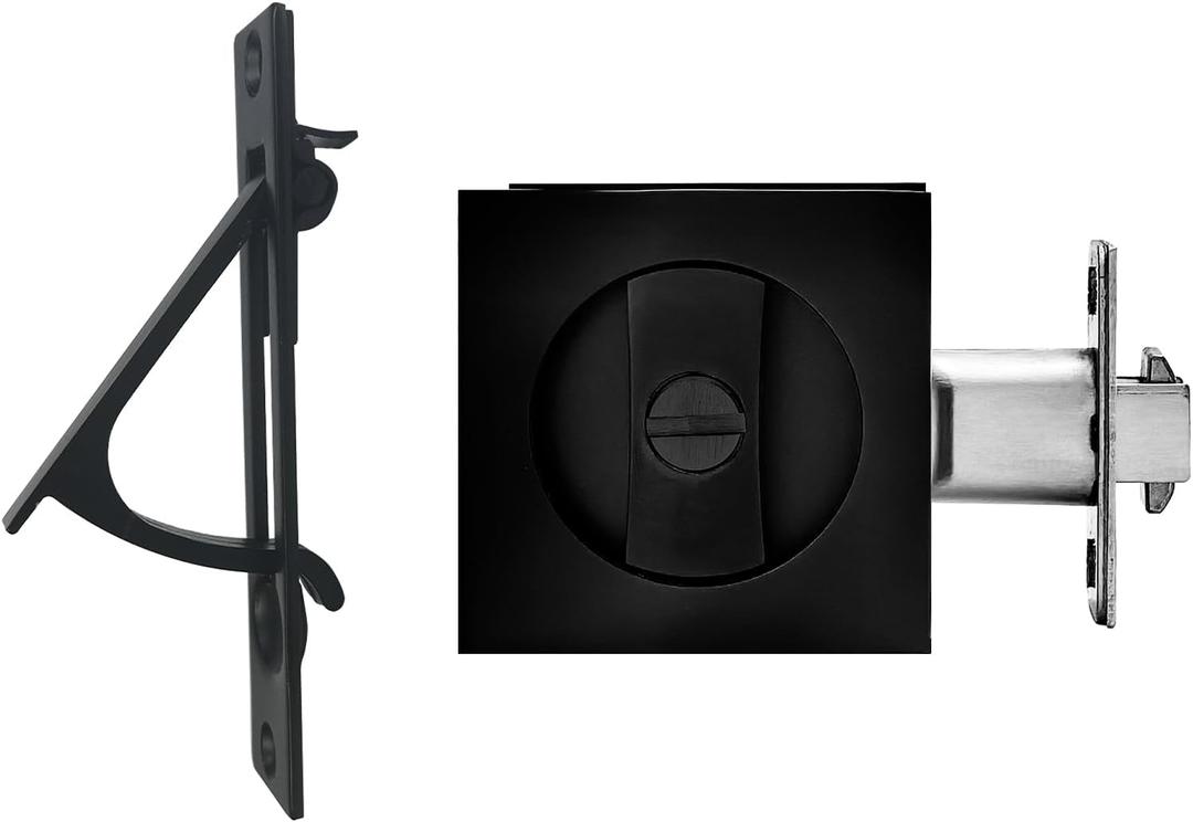 Pocket Door Lock with Edge Pull,Privacy Door Hardware Suitable for Bathroom Bedroom etc Recessed 2 Sided, 2 3/8" Backset, Invisible Hardware for 1 3/8 to 2 3/16 Thickness Door (Black+Edge Pull)