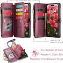 Defencase Compatible with iPhone 15 Pro Max Case Wallet with RFID Blocking Card Holder for Women Men, PU Leather Magnetic Snap Flip Zipper Strap Wallet Phone Case Fit for iPhone 15 Pro Max, Wine Red