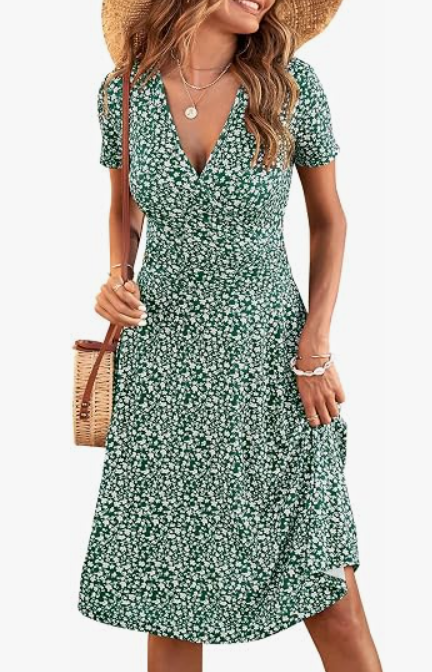 MSBASIC Sundresses for Women 2026 Casual Beach Wrap Floral Dress V Neck Summer Spring Dresses(A-Green Floral,Small)