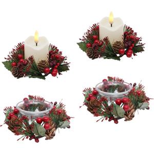 Candle Rings Set of 4 Christmas Candle Wreaths with Red Berries, Pine Needles Pinecones Led Candles and Glass Cup,Suitable for Christmas Table, Front Door, Cabinet and Window Decoration (Green)