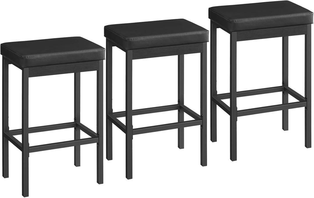 HOOBRO Bar Stools, Set of 3 Modern Black Rectangular Bar Chairs, 24.8-Inch Height, 2" Thick Upholstered Seat with High-Density Sponge, for Kitchen, Dining Room, Cafe, Bar Counter, Black BB21BYP301
