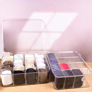 2Pcs Socks Bra Underwear Drawer Organizer for Closet, Plastic Storage Box with 16 Removable Compartments and Lid, Clear Dresser Drawer Organizer Storage Container with Dividers for Ties Belts
