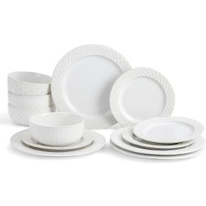 4 Different Embossed Ceramic Dinnerware Set for 4 - Arctic White Vintage Plates & Bowls Set 12 Piece - Microwave & Dishwasher Safe Porcelain Chip Resistant Handmade Dishware Set Kitchen Gift