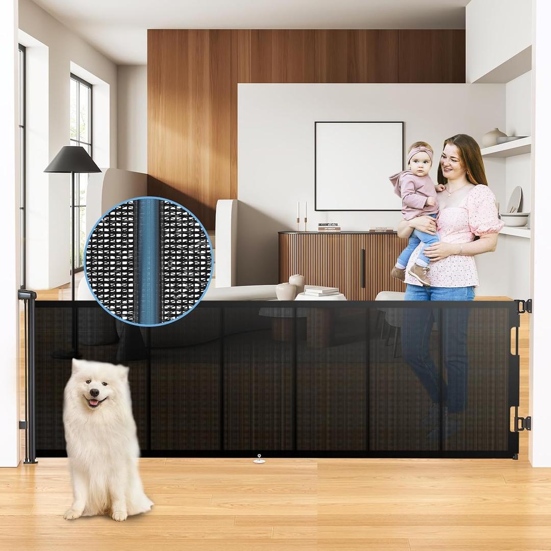 HAMOPY 120 Inch Reinforced Strip Extra Wide Retractable Baby Gate, 33" Tall, Prevent Crawling Through, Wide Extra Long Child Safety Gate for Indoor Baby Fence, Outdoor, Stairs, Deck(Black)
