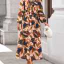 ZESICA Women's Floral Long Sleeve Midi Dresses 2026 Fall Boho V Neck Belted High Wasit Flowy Wedding Cocktail Party Dress (Brown, S)