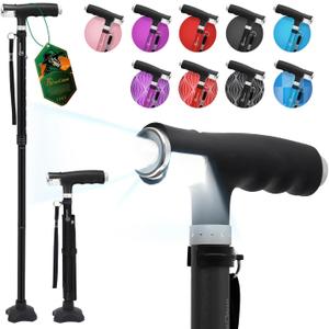 BeneCane Walking Cane for Women Folding Cane for Men with Two Led Lights Quad Cane with Stable Base Lightweight and Adjustable Walking Stick (Black)