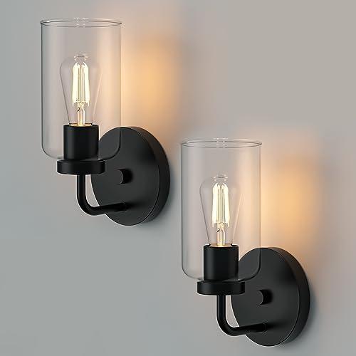 Zevluck Wall Sconces Set of 2, Modern Wall Light Fixtures with Clear Glass Shade, Matte Black Bathroom Vanity Light, Hardwired Vanity Wall Lamps for Bathroom, Bedroom, Living Room, Stairs, Hallway